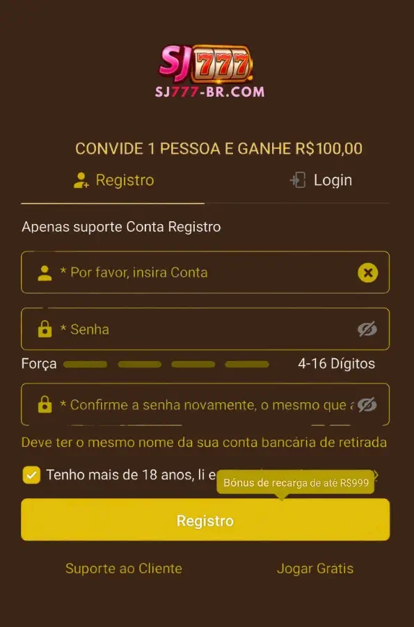 Jogador preenchendo formulário de registro no SJ777.